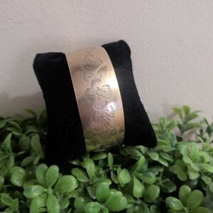 Wide Cuff Brass Bangle Bracelet Floral Etched